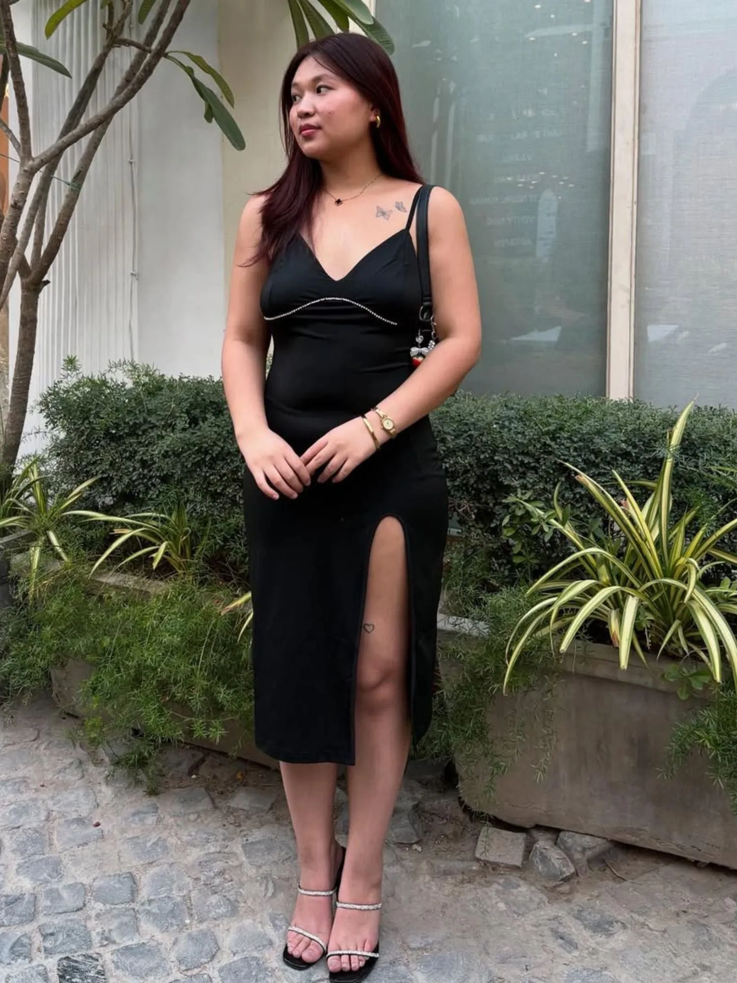 Solid Cut Out Dress With Studs