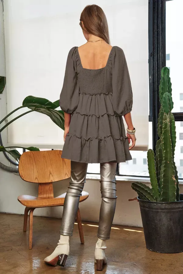 SOLID RUFFLED DETAIL BELL SHORT SLEEVE MINI DRESS