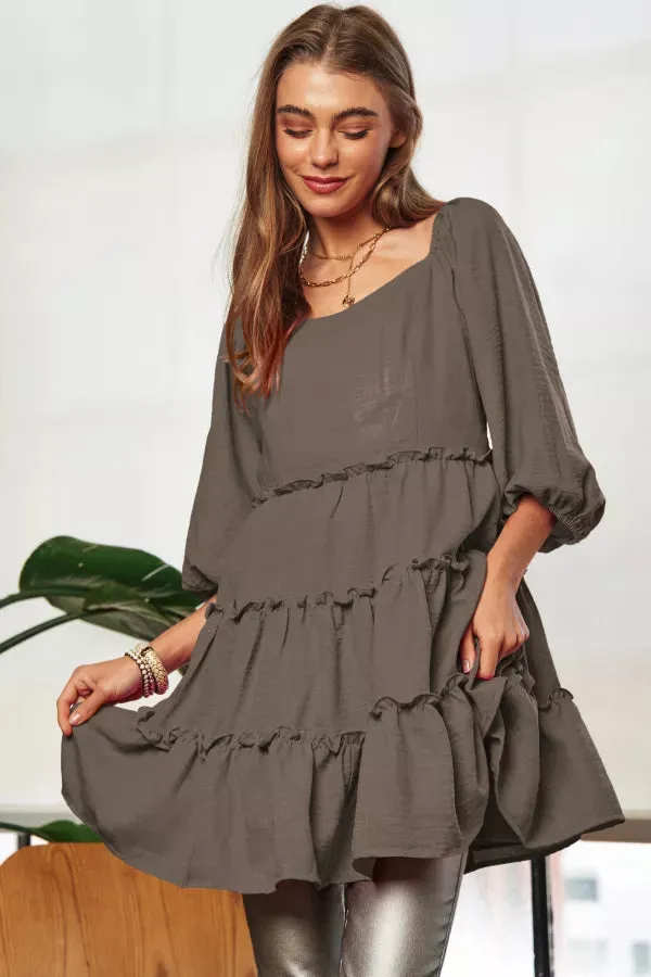 SOLID RUFFLED DETAIL BELL SHORT SLEEVE MINI DRESS