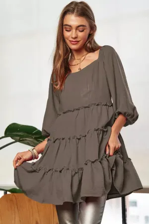 SOLID RUFFLED DETAIL BELL SHORT SLEEVE MINI DRESS