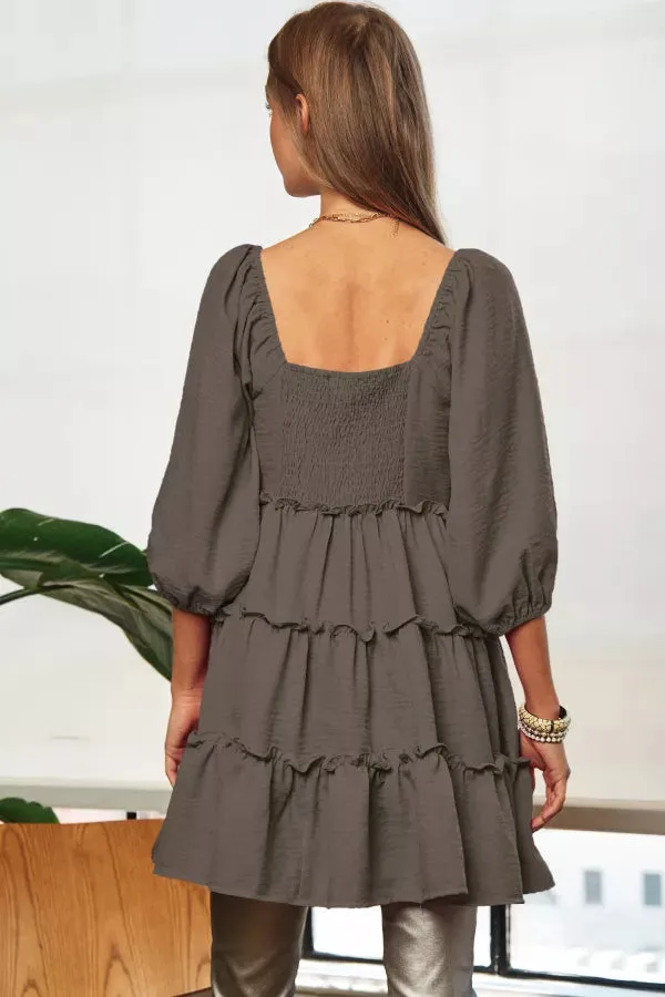 SOLID RUFFLED DETAIL BELL SHORT SLEEVE MINI DRESS