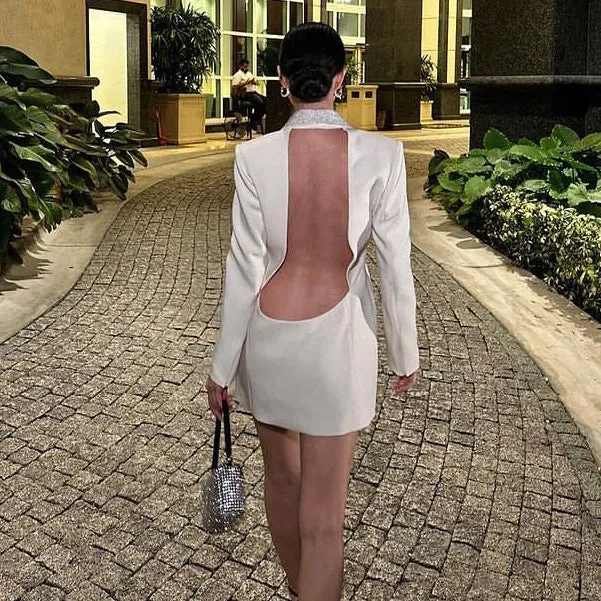Sophisticated Low-Back Beaded V-Neck Blazer Dress for Glamorous Power Dressing