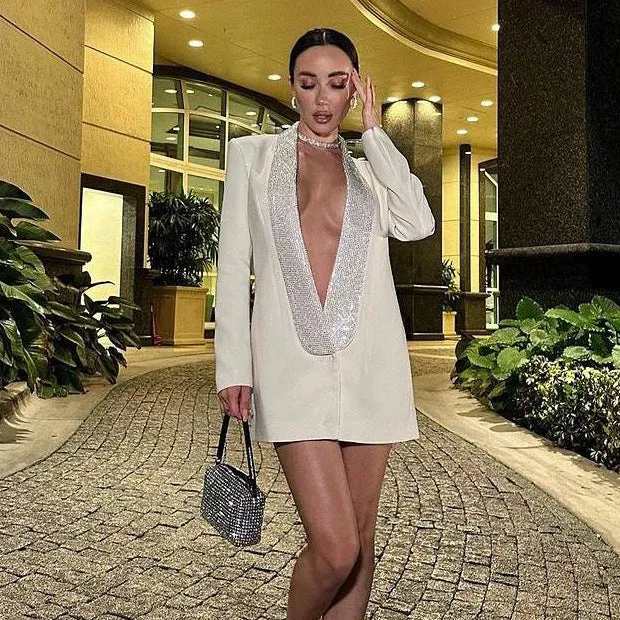 Sophisticated Low-Back Beaded V-Neck Blazer Dress for Glamorous Power Dressing