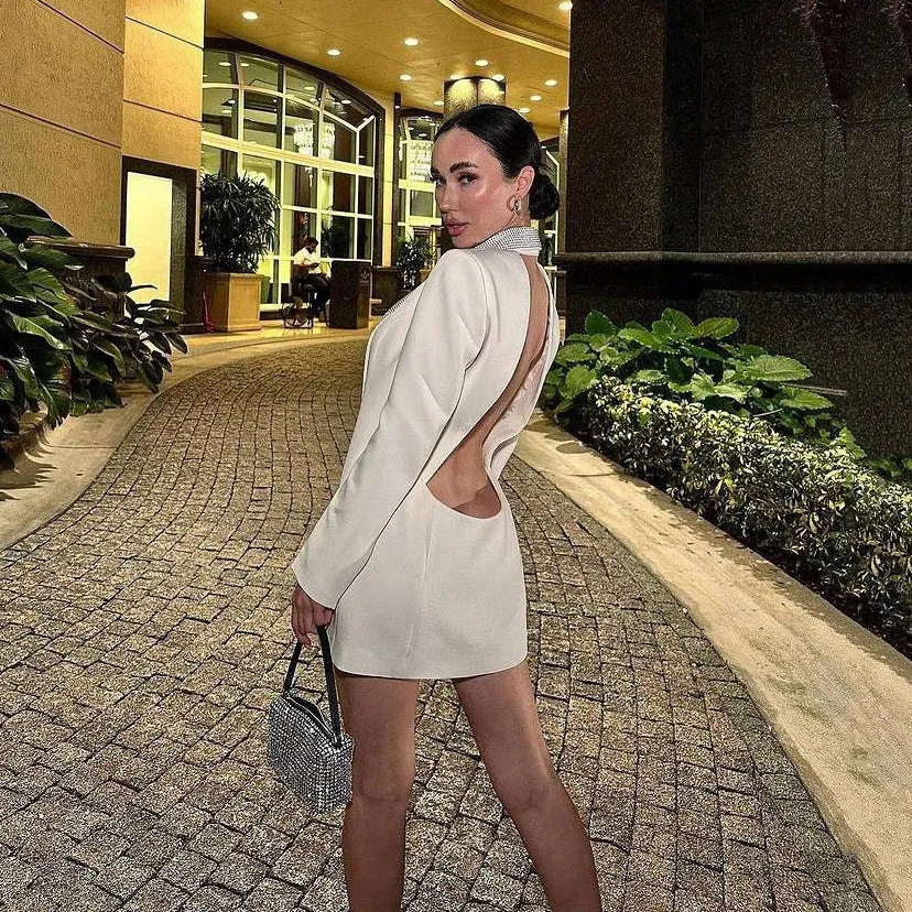 Sophisticated Low-Back Beaded V-Neck Blazer Dress for Glamorous Power Dressing