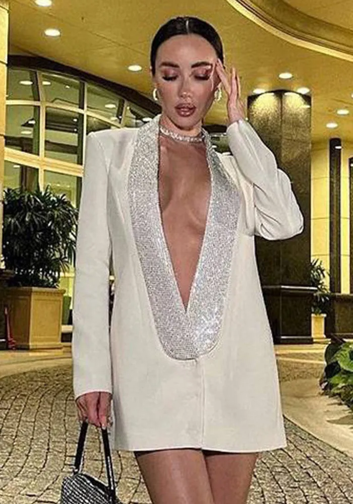 Sophisticated Low-Back Beaded V-Neck Blazer Dress for Glamorous Power Dressing