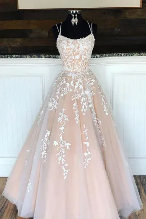 spaghetti straps champagne prom dresses long lace applique sleeveless elegant cheap prom gown robe de soiree