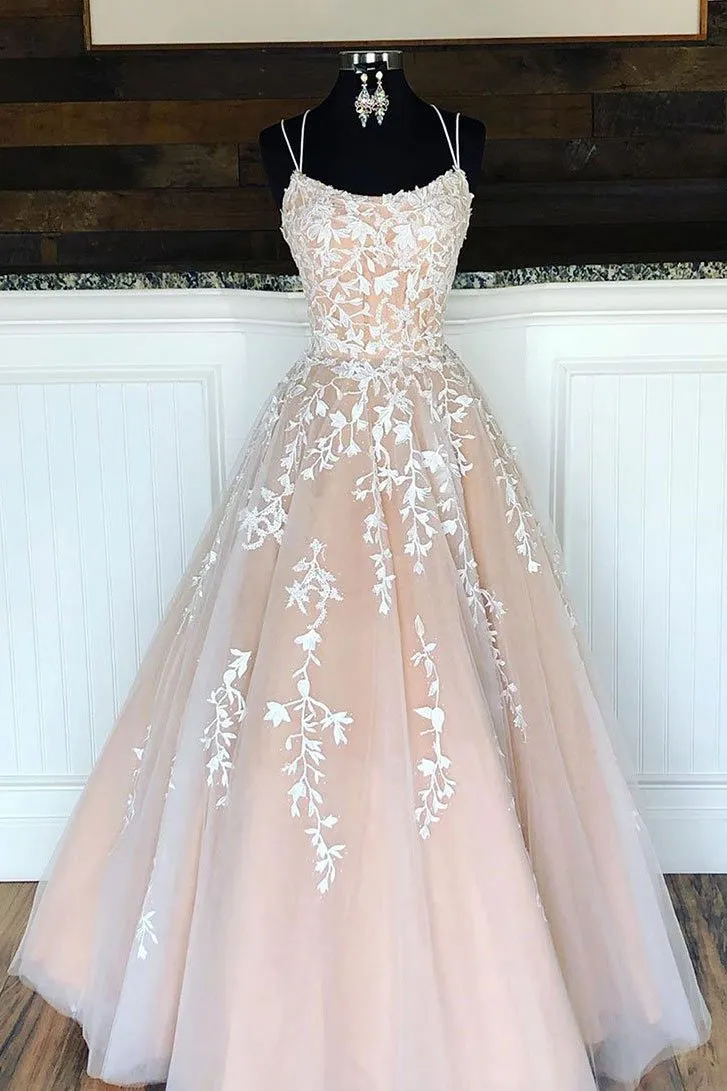 spaghetti straps champagne prom dresses long lace applique sleeveless elegant cheap prom gown robe de soiree