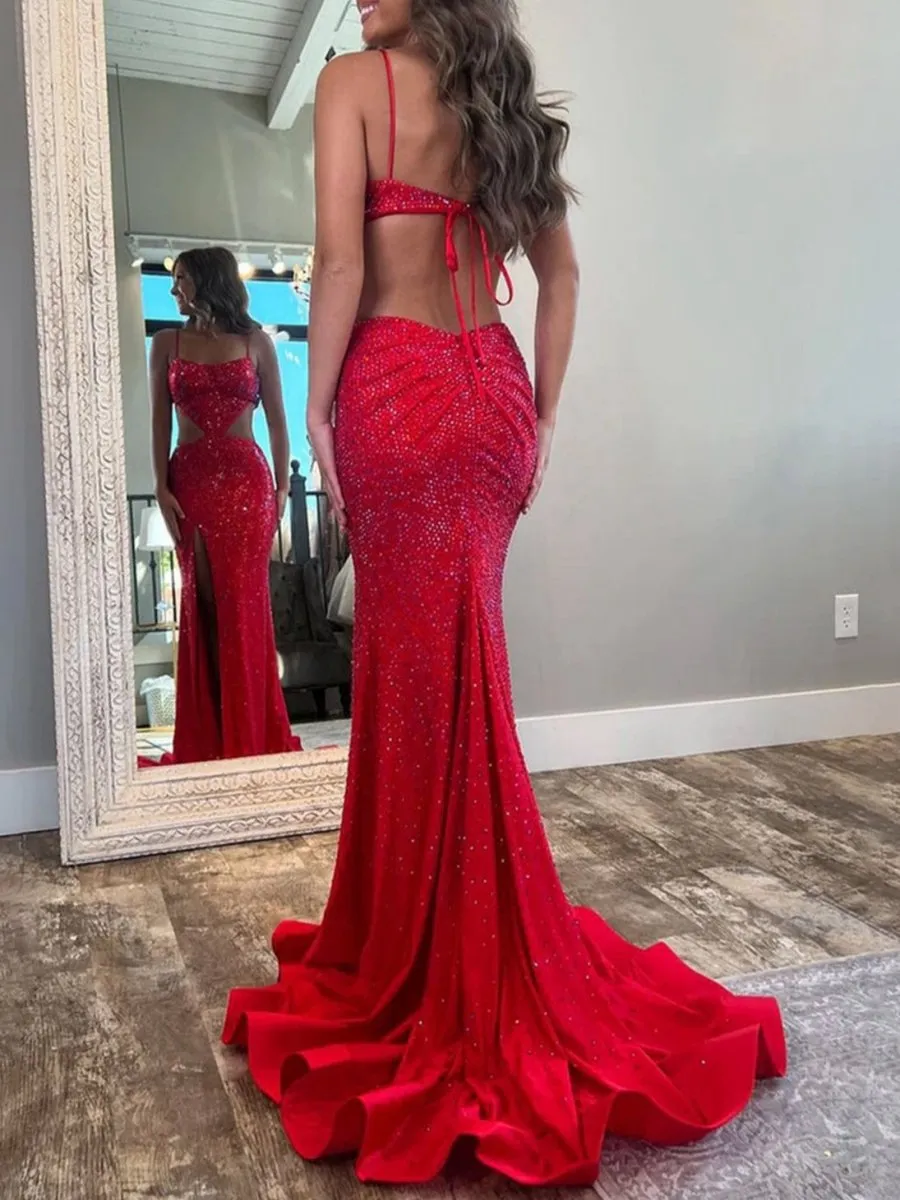 Spaghetti Straps Cutout Beaded Mermaid Long Dresses with Split