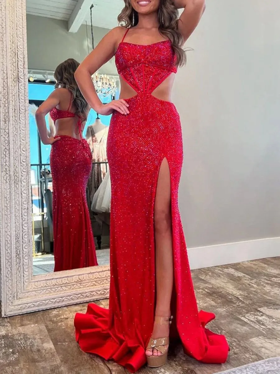 Spaghetti Straps Cutout Beaded Mermaid Long Dresses with Split