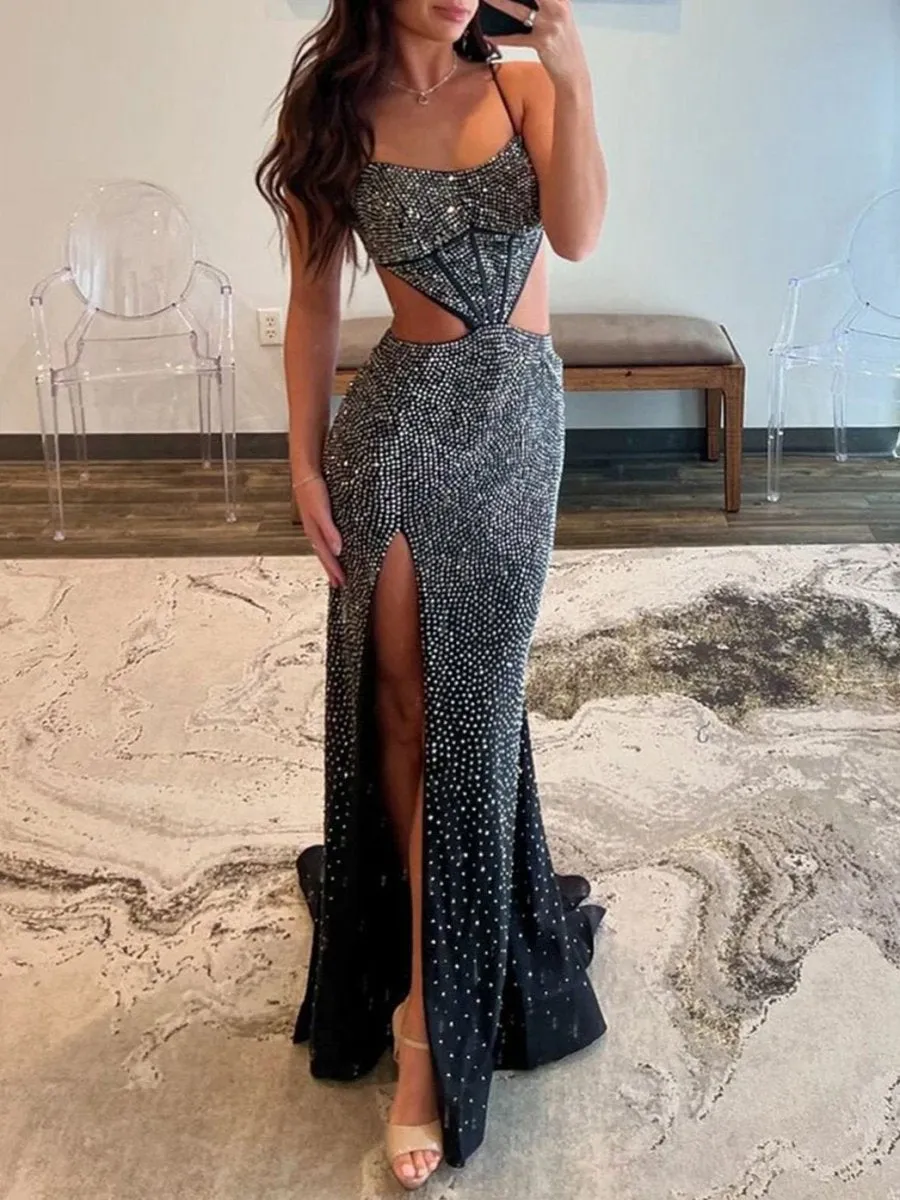 Spaghetti Straps Cutout Beaded Mermaid Long Dresses with Split
