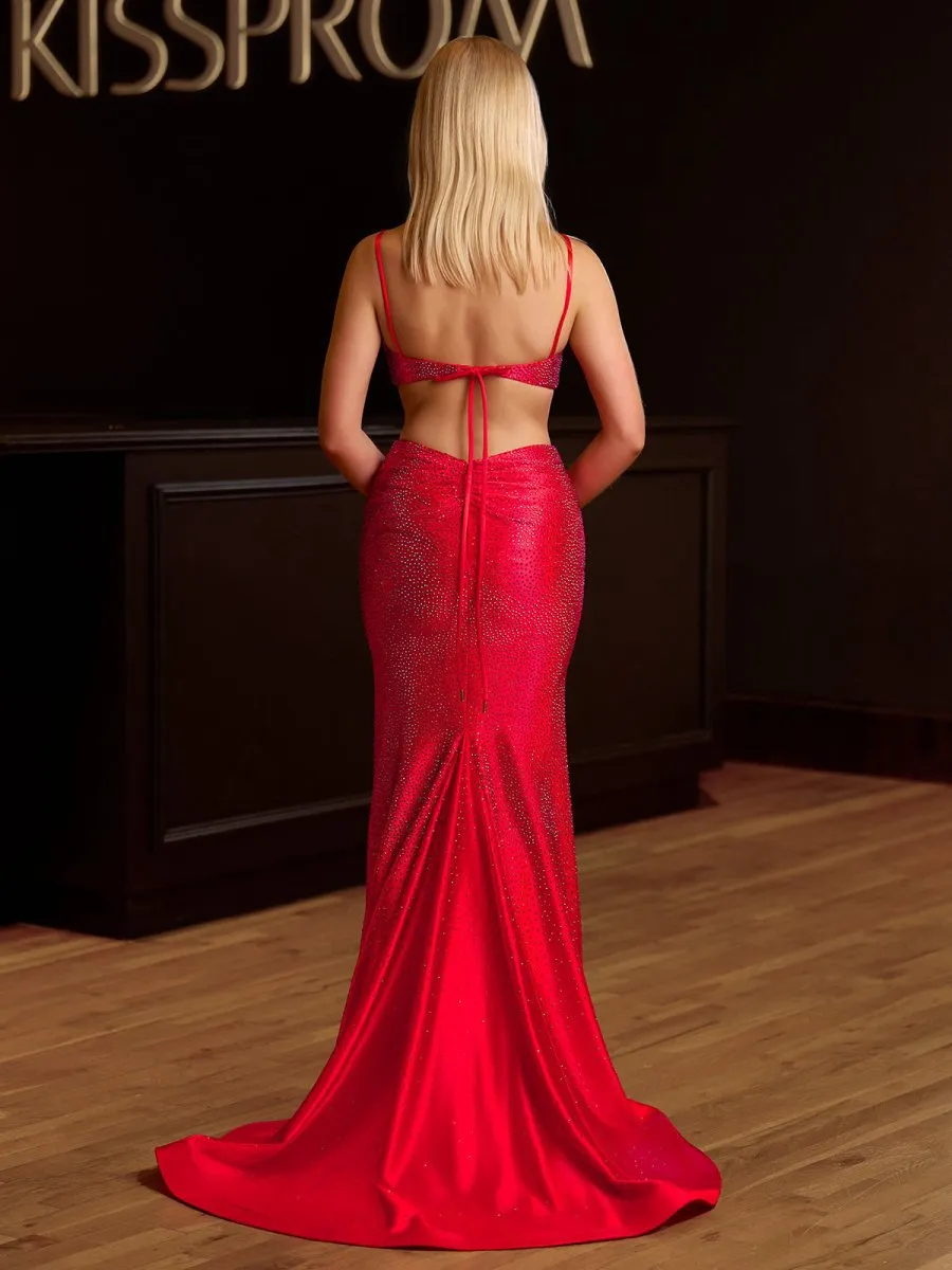 Spaghetti Straps Cutout Beaded Mermaid Long Dresses with Split