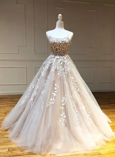 spaghetti straps prom dresses ball gown lace appliqué lace applique champagne elegant cheap prom gown