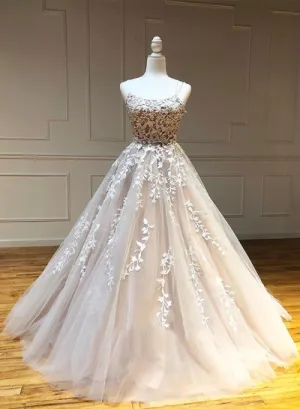spaghetti straps prom dresses ball gown lace appliqué lace applique champagne elegant cheap prom gown