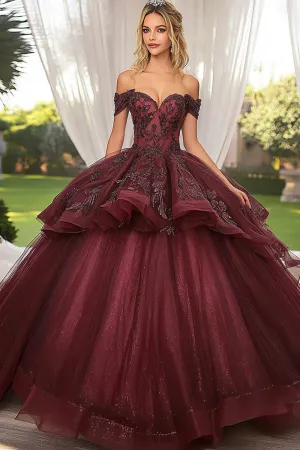 Sparkly Burgundy Ball Gown Off the Shoulder Ruffles Tule Quinceanera Vestido com Apliques Sequined