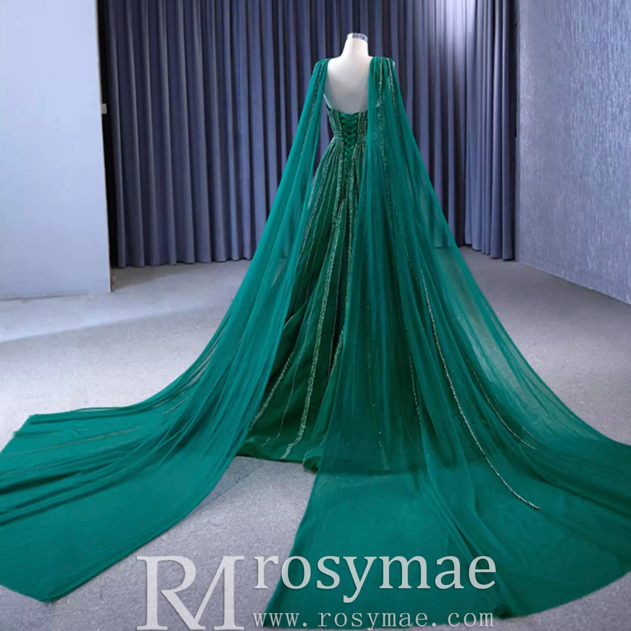 Sparkly Green Tulle Wedding Dress Formal Pageant Dress with Long Cape
