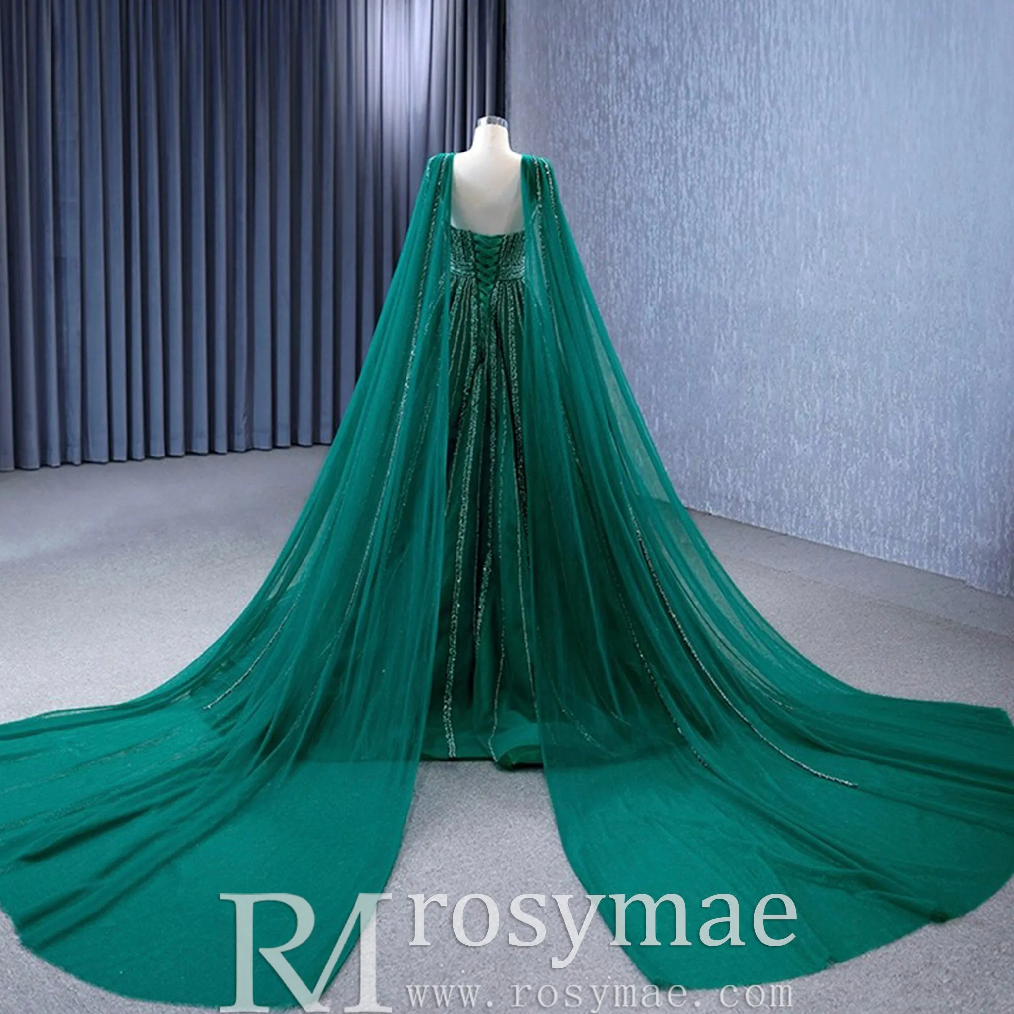 Sparkly Green Tulle Wedding Dress Formal Pageant Dress with Long Cape