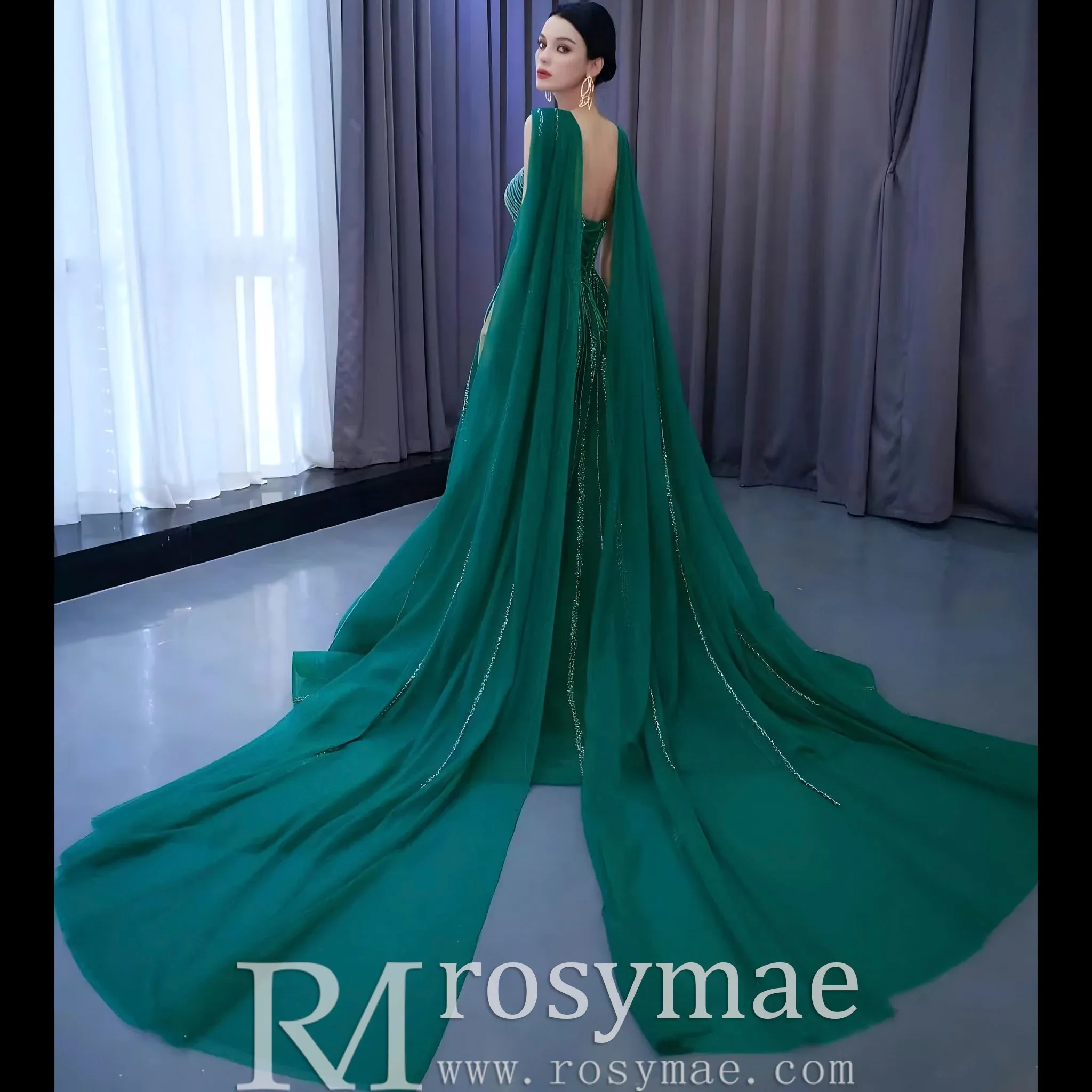 Sparkly Green Tulle Wedding Dress Formal Pageant Dress with Long Cape