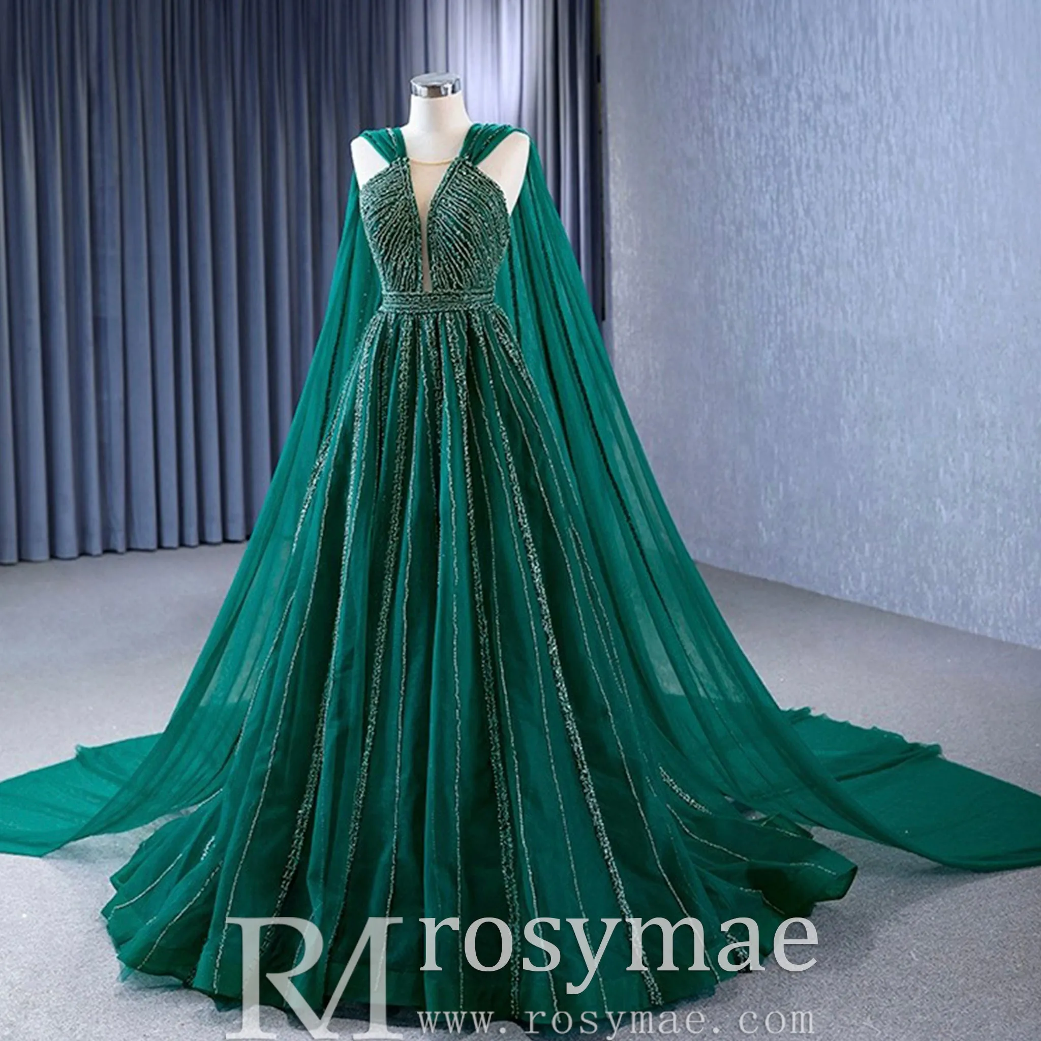 Sparkly Green Tulle Wedding Dress Formal Pageant Dress with Long Cape