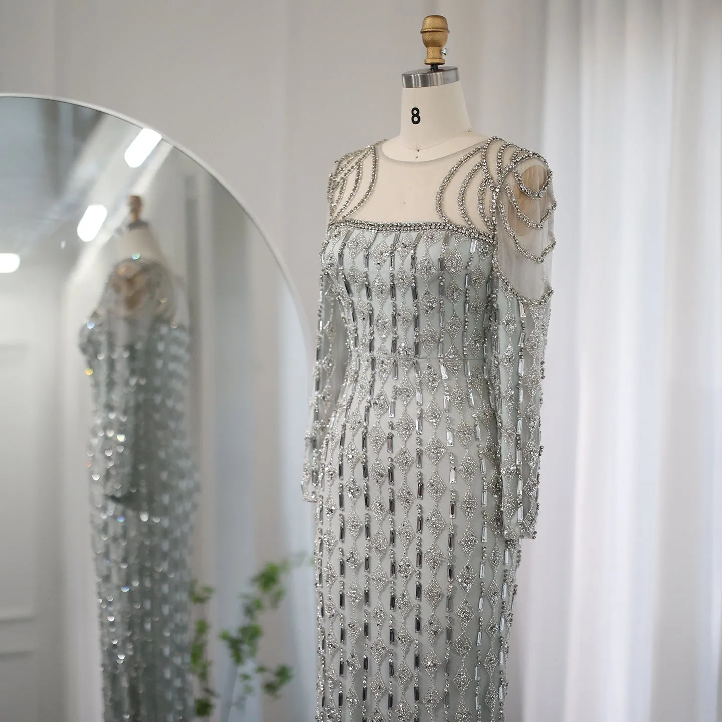 Sparkly Long Sleeve Sheer Neck Evening Dress Party Gown