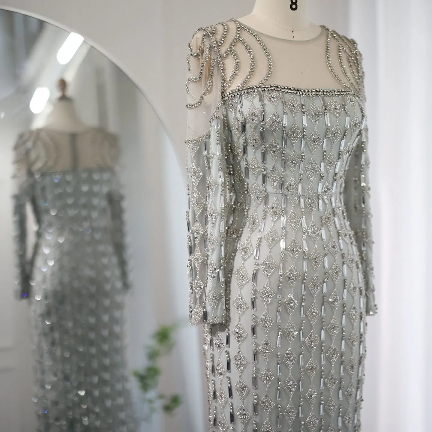 Sparkly Long Sleeve Sheer Neck Evening Dress Party Gown