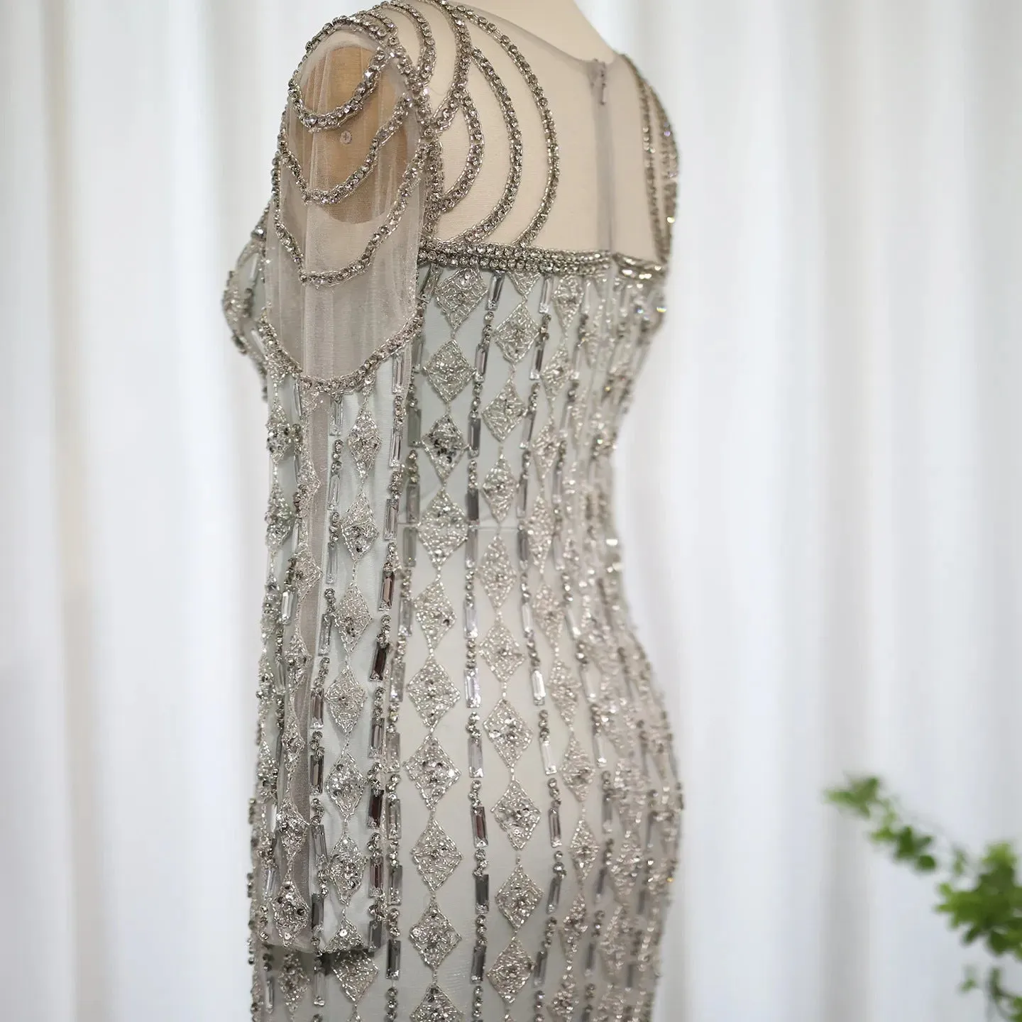 Sparkly Long Sleeve Sheer Neck Evening Dress Party Gown
