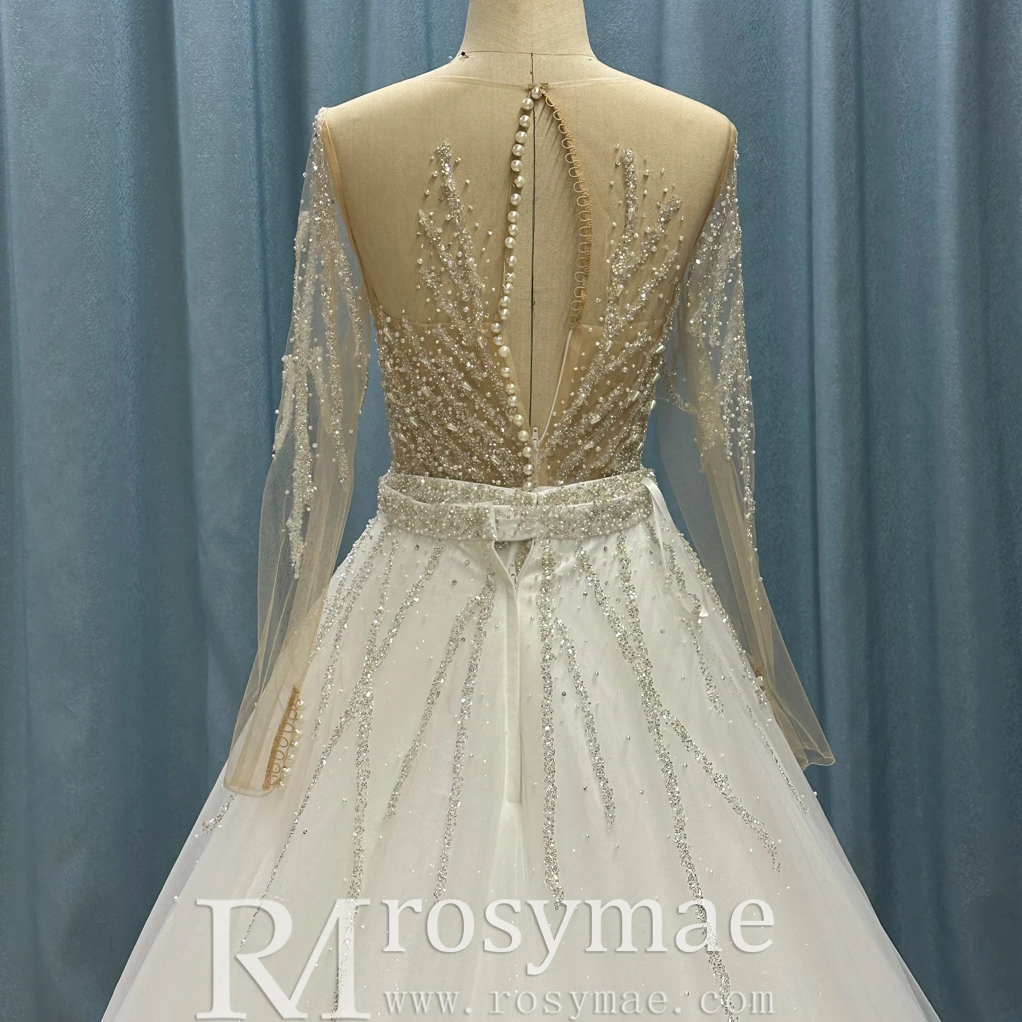 Sparkly Long Sleeve Wedding Dress with Detachable Train