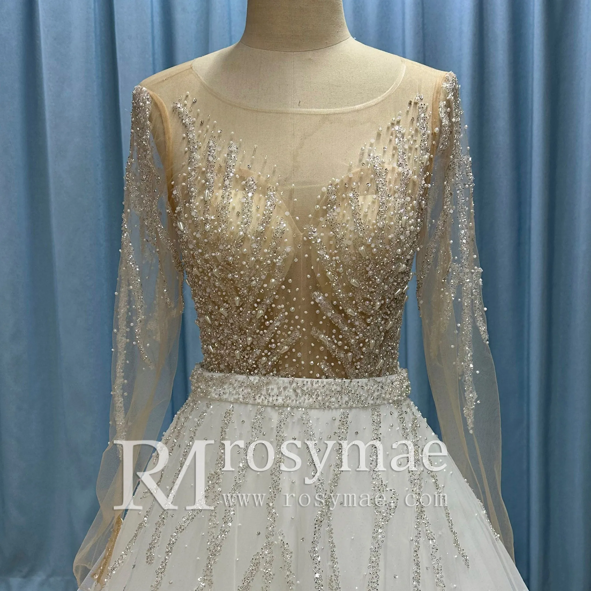 Sparkly Long Sleeve Wedding Dress with Detachable Train