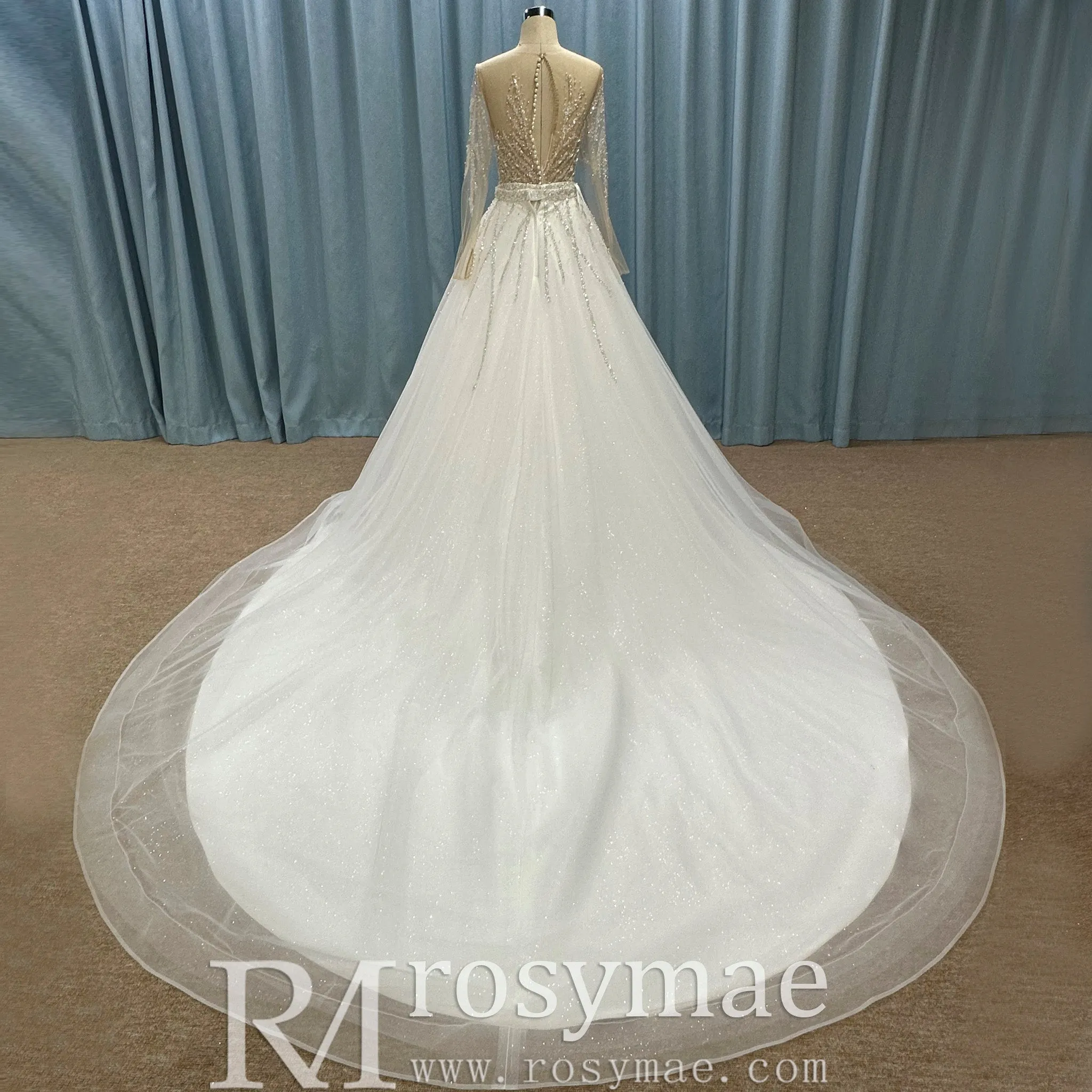 Sparkly Long Sleeve Wedding Dress with Detachable Train