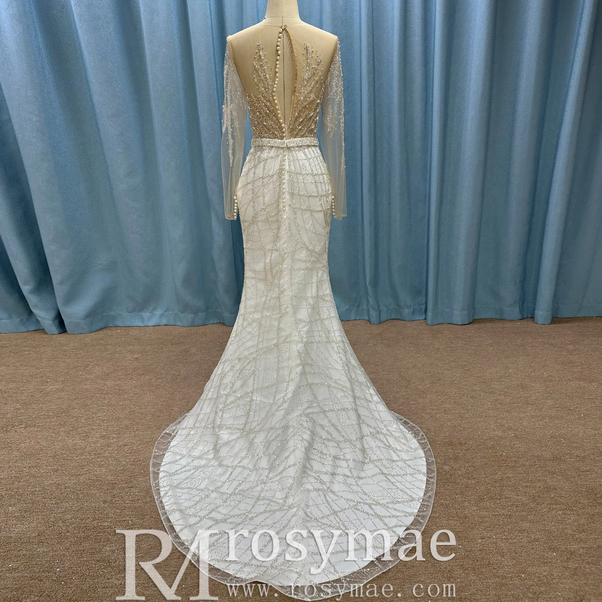 Sparkly Long Sleeve Wedding Dress with Detachable Train