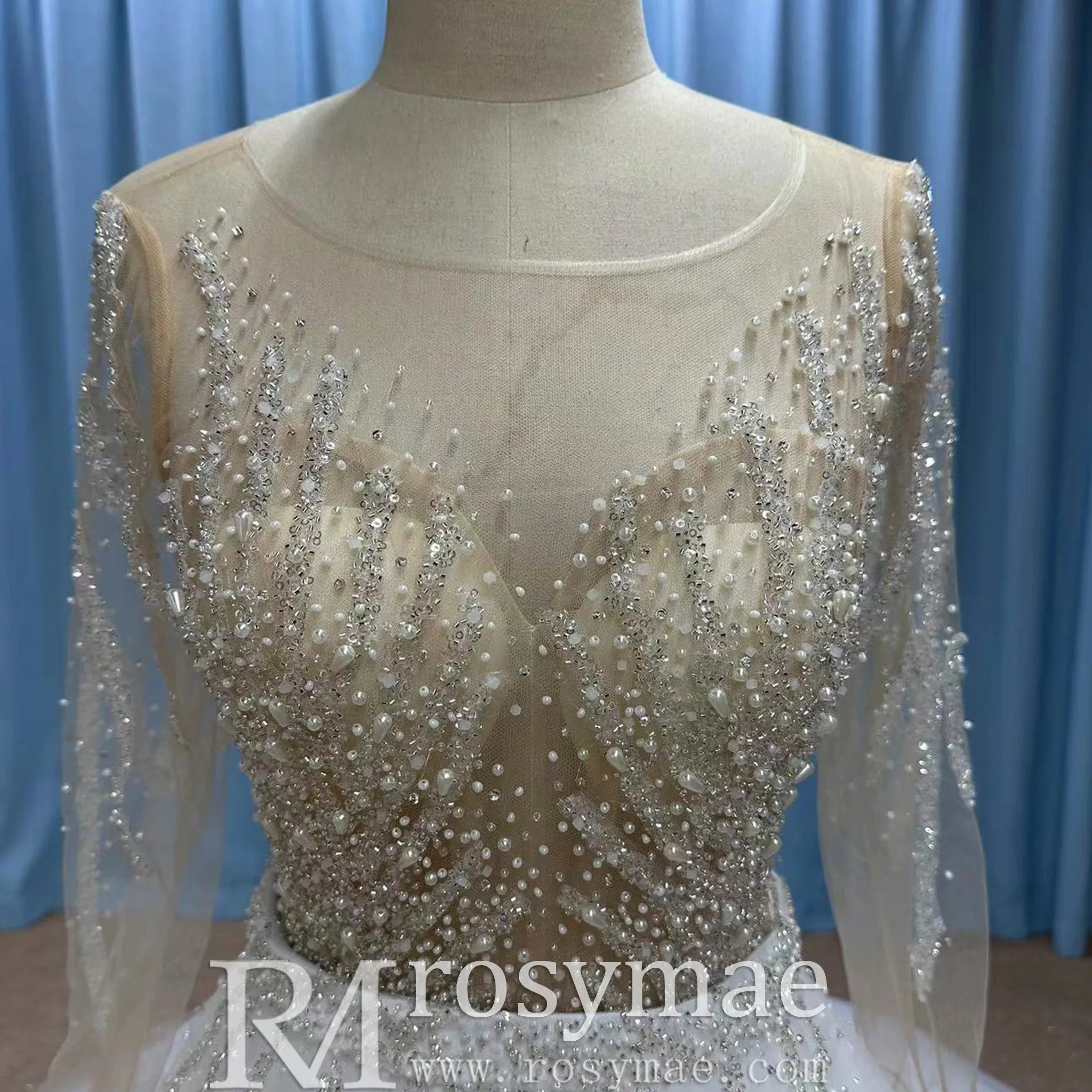 Sparkly Long Sleeve Wedding Dress with Detachable Train