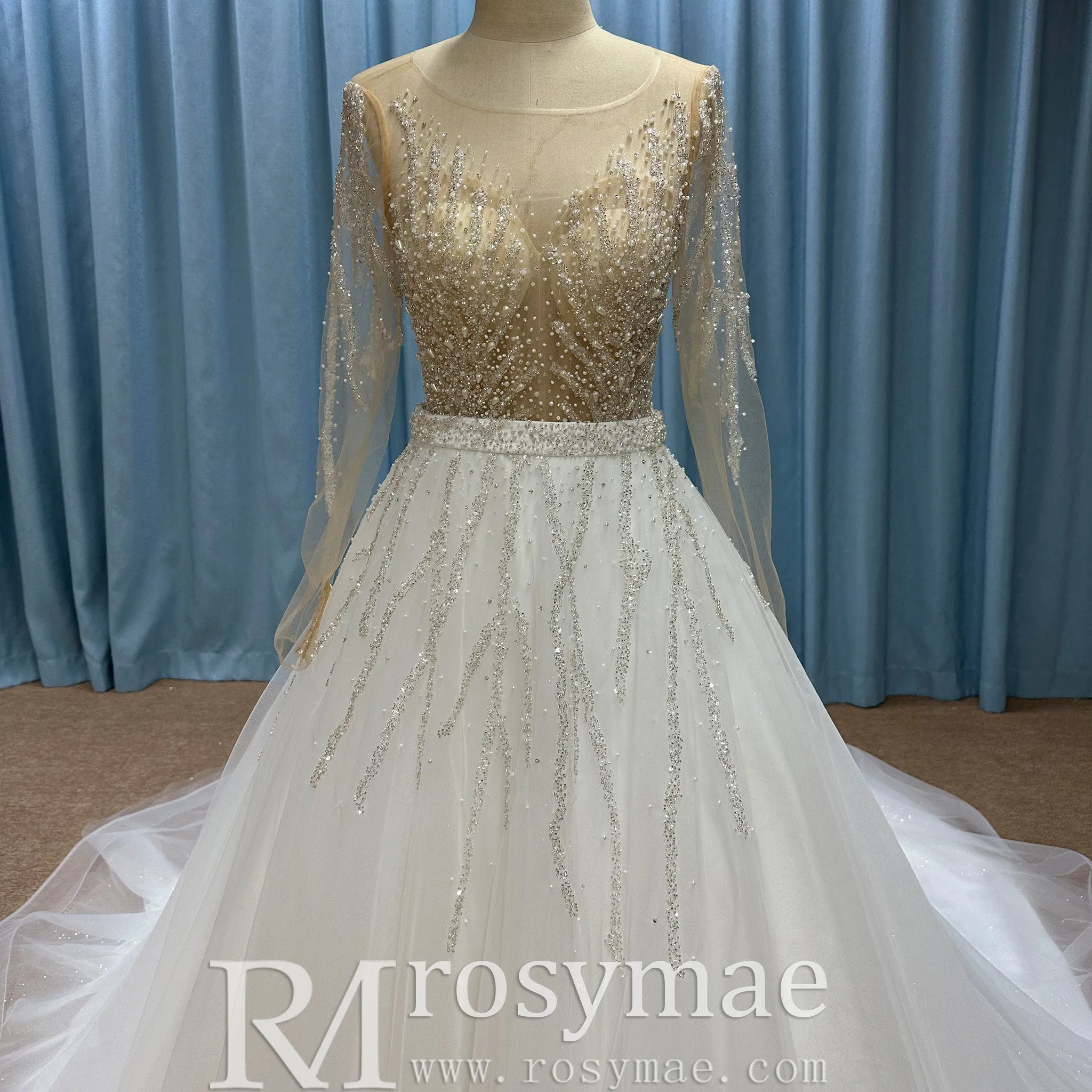 Sparkly Long Sleeve Wedding Dress with Detachable Train