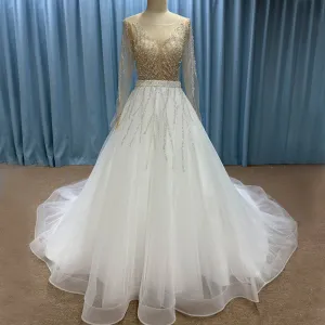 Sparkly Long Sleeve Wedding Dress with Detachable Train