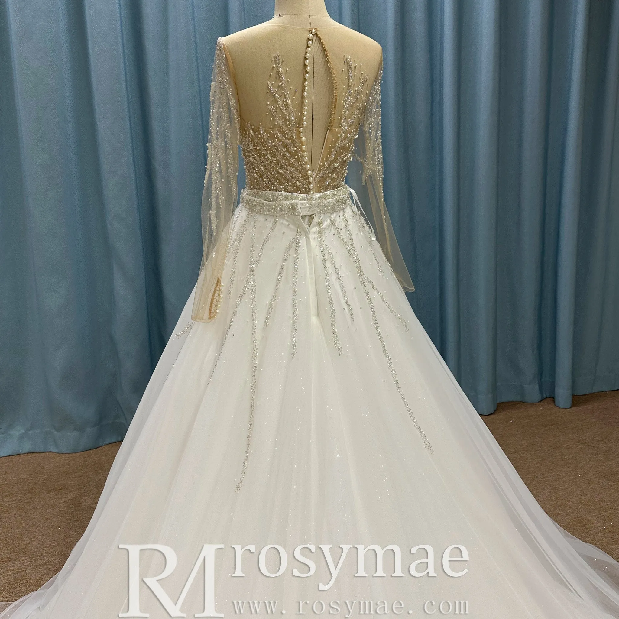 Sparkly Long Sleeve Wedding Dress with Detachable Train