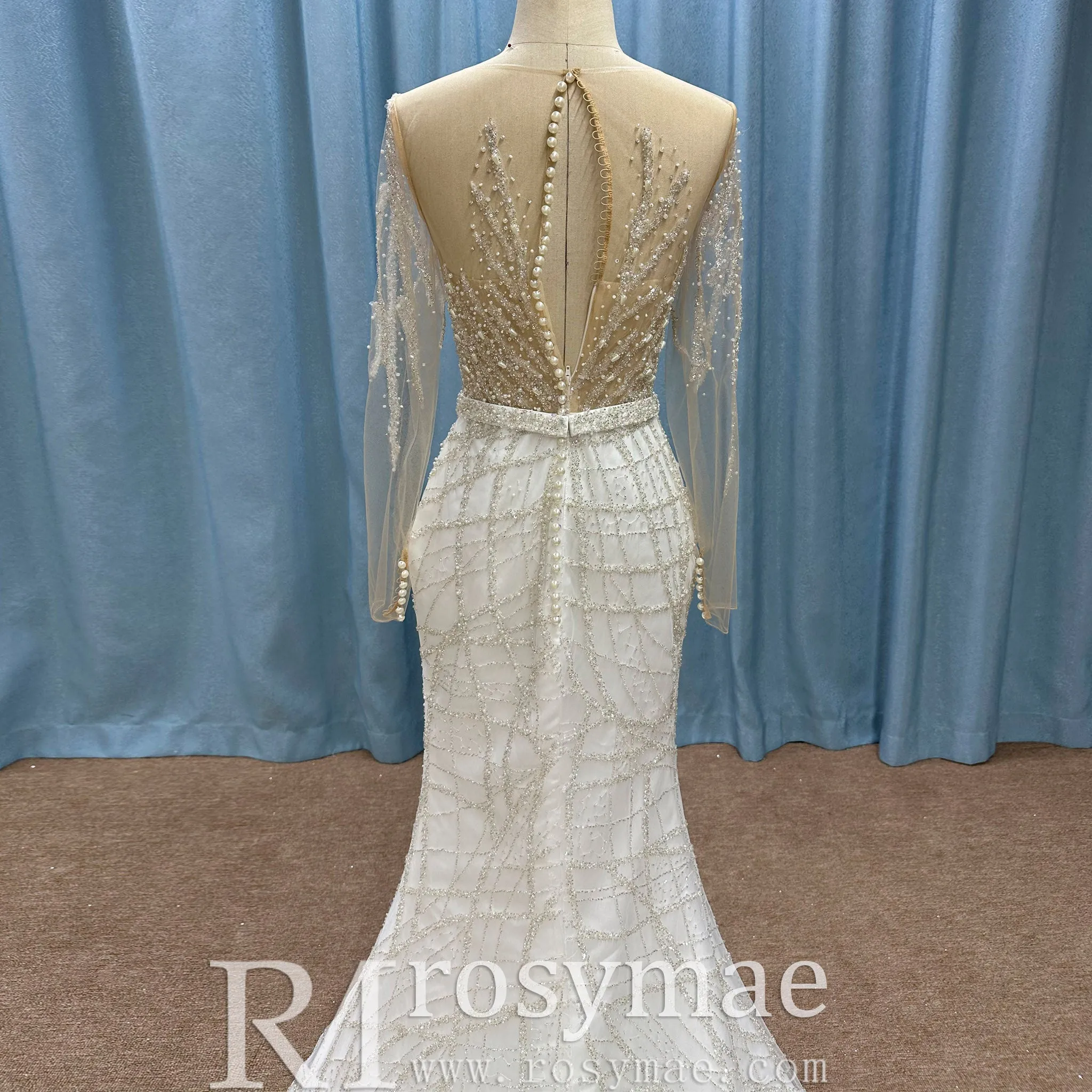 Sparkly Long Sleeve Wedding Dress with Detachable Train