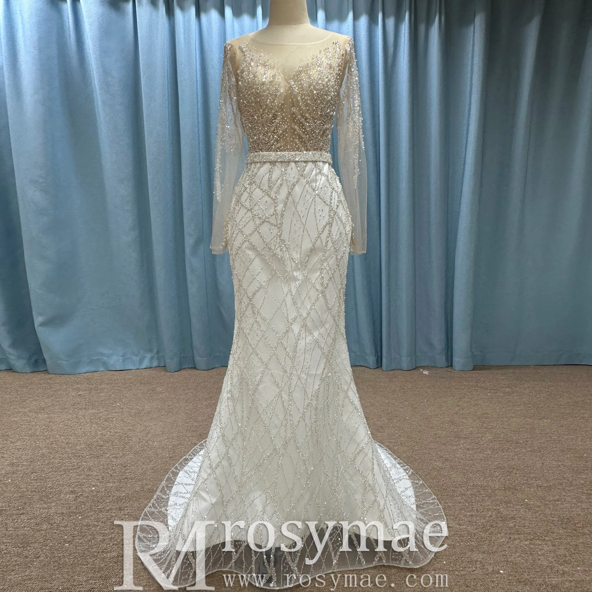 Sparkly Long Sleeve Wedding Dress with Detachable Train