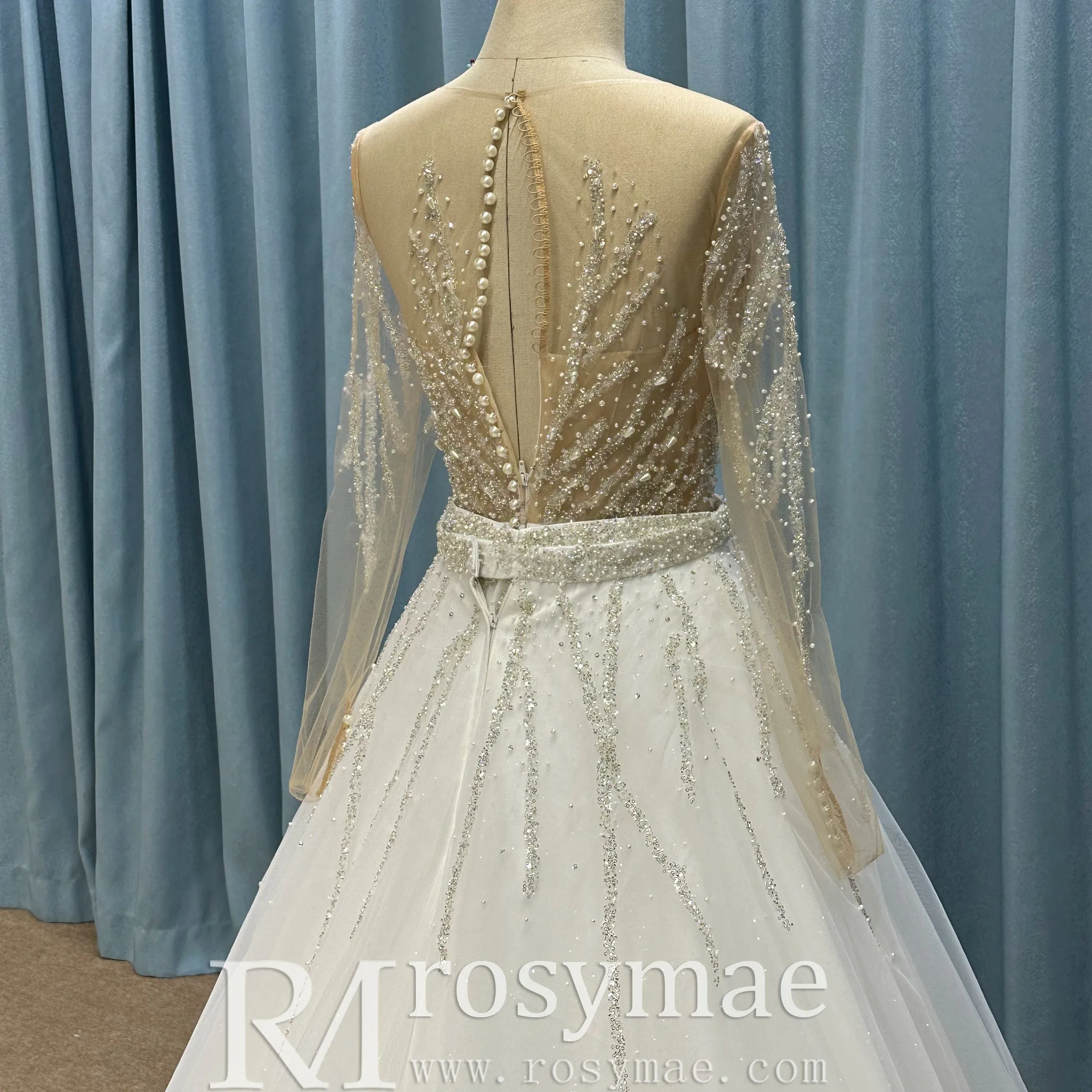 Sparkly Long Sleeve Wedding Dress with Detachable Train