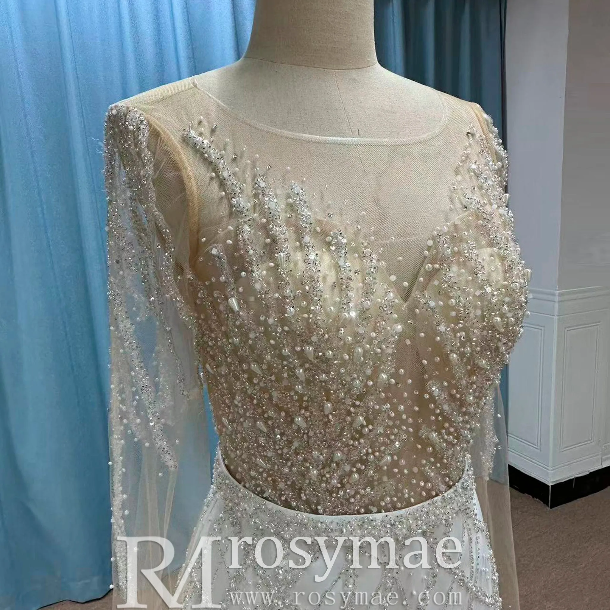 Sparkly Long Sleeve Wedding Dress with Detachable Train