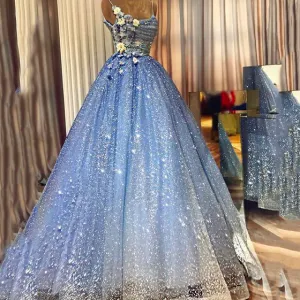 sparkly prom dresses ball gown blue 3d flowers beaded elegant luxury prom gown vestido de longo