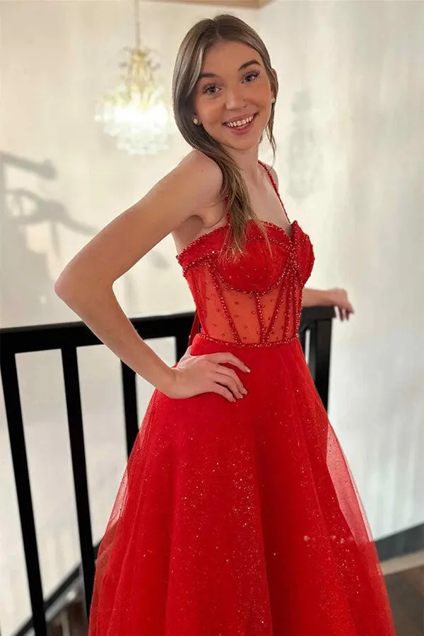 Sparkly Tulle Red Spaghetti Straps A-line Beaded Prom Dresses With Slit, MP894