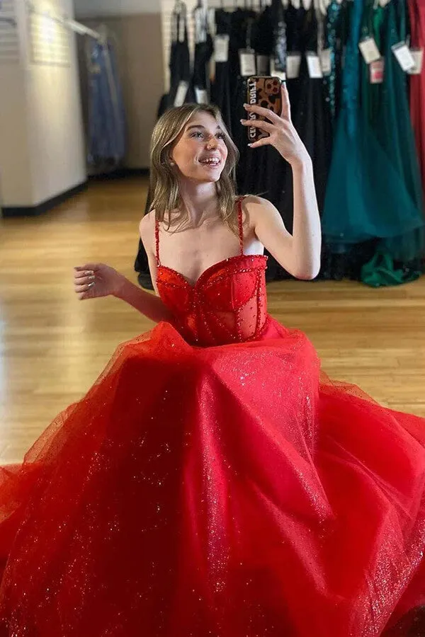 Sparkly Tulle Red Spaghetti Straps A-line Beaded Prom Dresses With Slit, MP894