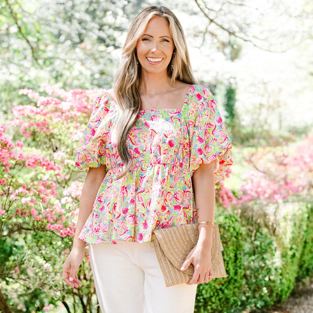 Spring Romance Top, Pink Abstract