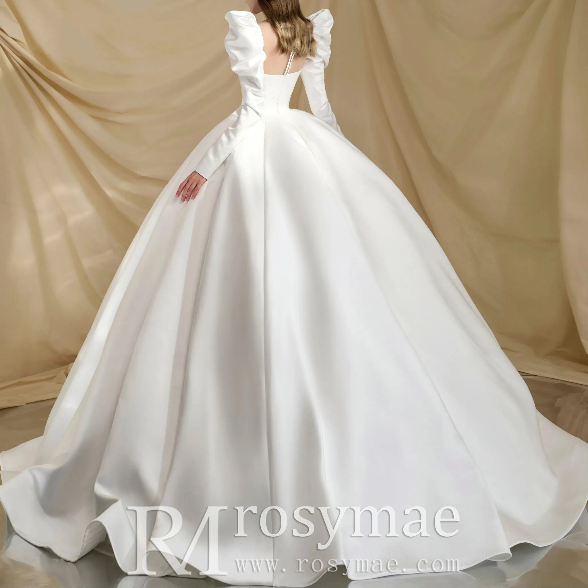 Square-neck Ballgown Satin Wedding Dress with Puffy Long Sleeve