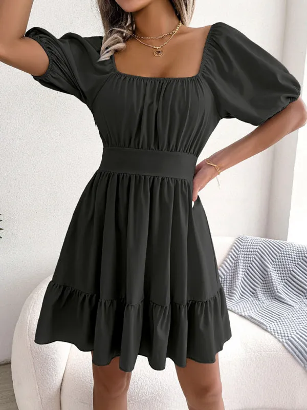 Square Neck Mini Dress with Open Back and Ruffled Hem