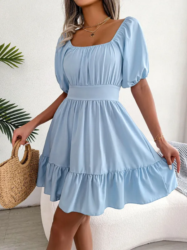 Square Neck Mini Dress with Open Back and Ruffled Hem
