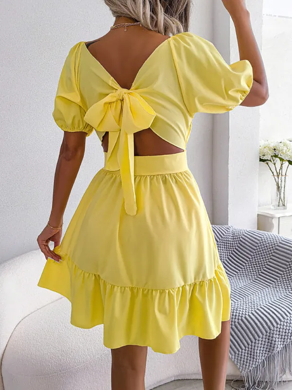 Square Neck Mini Dress with Open Back and Ruffled Hem