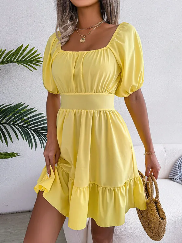 Square Neck Mini Dress with Open Back and Ruffled Hem