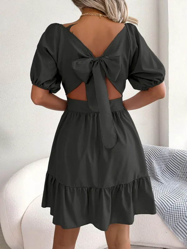 Square Neck Mini Dress with Open Back and Ruffled Hem