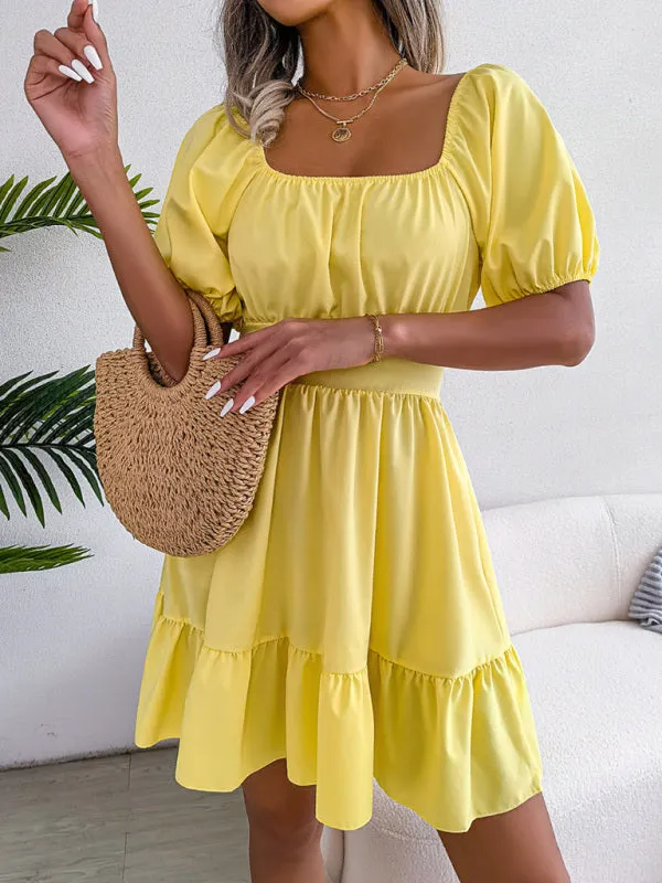 Square Neck Mini Dress with Open Back and Ruffled Hem