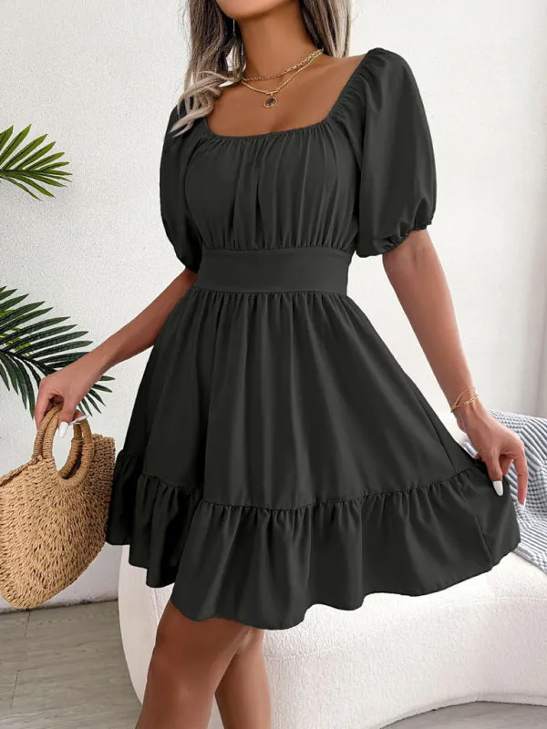 Square Neck Mini Dress with Open Back and Ruffled Hem