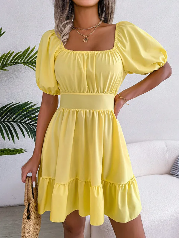 Square Neck Mini Dress with Open Back and Ruffled Hem